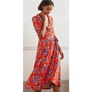 Boden Lavinia Jersey True Wrap Dress Red-Orange Papaya Wildflower Print Size 16